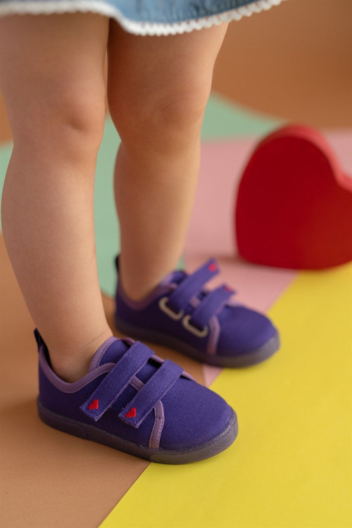 Çift Cırtlı Kalpli Çocuk Keten Spor Ayakkabı-MOR-F-499