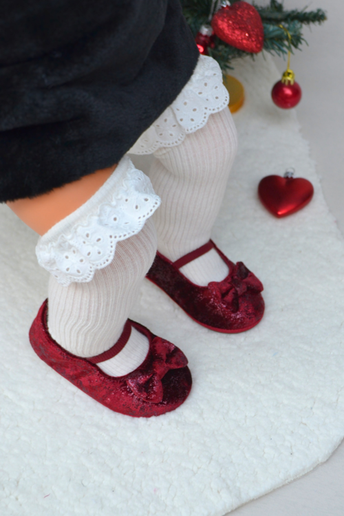 Bordo Parıltılı Kadife Kız Bebek Lastikli İlk Adım Babet-F-541