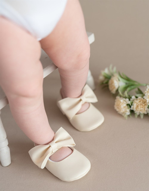 Krem Kız Bebek Suni Deri Fiyonklu Babet Patik İlk Adım Ayakkabısı