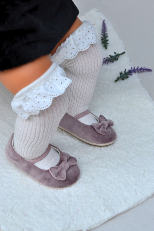 Pudra Kadife Kız Bebek Lastikli İlk Adım Babet-F-542