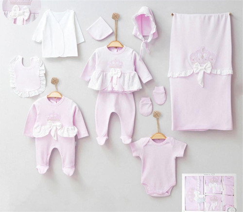 Mini Cayzen Kız Bebek Lüx Terikoton Taçlı Pamuklu 10'lu Hastane Çıkış Seti Pembe 3001