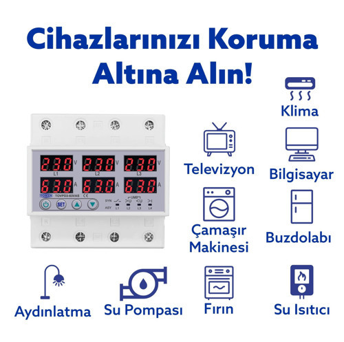 Tomzn Gerilim Ve Akım Koruma Rölesi Voltaj Koruyucu 63A 3 Fazlı - Ev Tipi - Ayrışık Faz Koruma 3