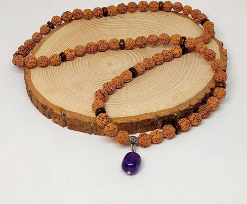 Ametist Taşlı Rudraksha Tohum Kolye Dolama Bileklik 8mm (49722)