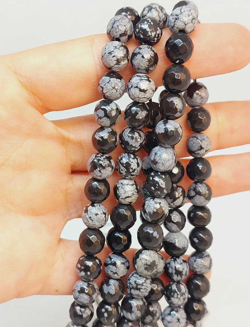 Bileklik Boy Kar Tanesi Obsidyen Taşı Faset Kesim Yarım Dizi 7.5mm (49252) (18CM UZUNLUĞUNDADIR)