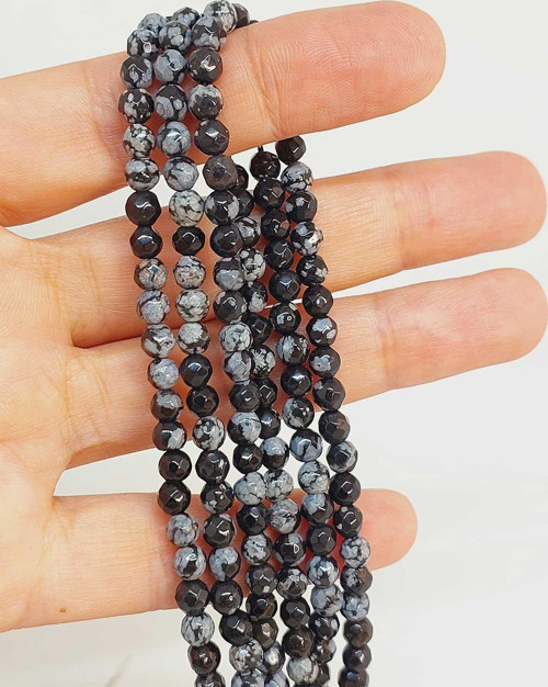 Bileklik Boy Kar Tanesi Obsidyen Taşı Yarım Dizi Faset Kesim 4-4.5mm Aralığı (18CM UZUNLUĞUNDADIR)