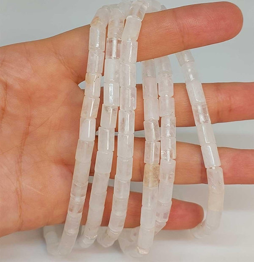 Bileklik Boy Kristal Kuvars Taşı Silindir Kesim 5.5x7.5mm Yarım Dizi (49302) (18CM UZUNLUĞUNDADIR)
