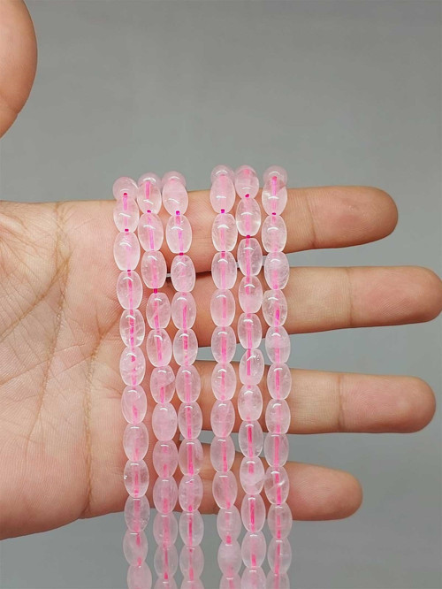 Bileklik Boy Pembe Kuvars Taşı Arpa Kesim Yarım Dizi 6*8.5mm (51114) (18CM UZUNLUĞUNDADIR)
