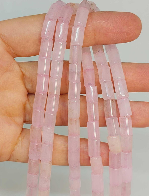 Bileklik Boy Pembe Kuvars Taşı Silindir Kesim 5.5x7.5mm Yarım Dizi (49306) (18CM UZUNLUĞUNDADIR)