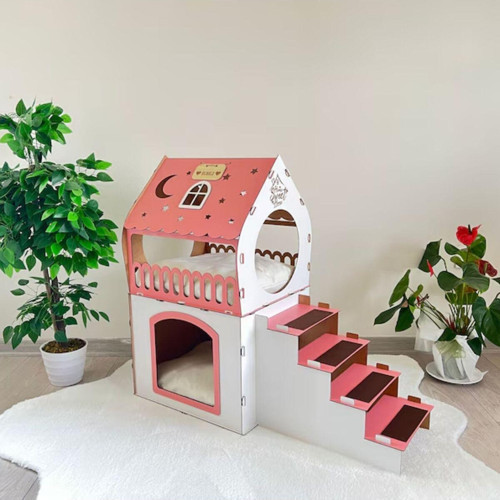 2 Katlı Merdivenli Kedi Evi, Köpek Evi, Tavşan Evi MDF Beyaz-Pembe Orta Boy