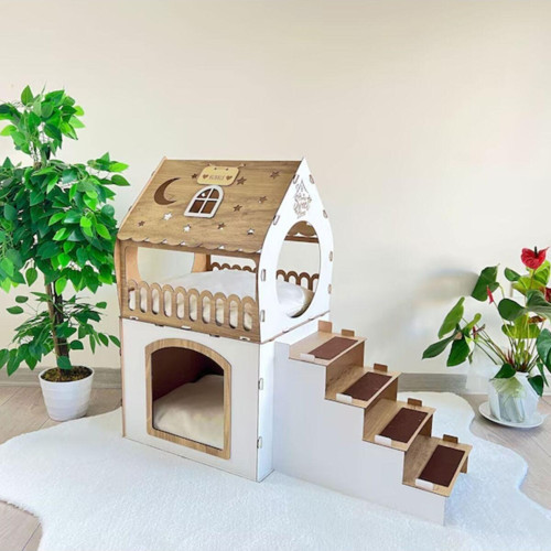 2 Katlı Merdivenli Kedi Evi, Köpek Evi, Tavşan Evi MDF XL Meşe-Beyaz
