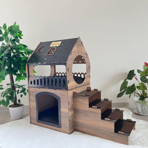 2 Katlı Merdivenli Kedi Evi, Köpek Evi, Tavşan Evi MDF XL Tespih - Siyah