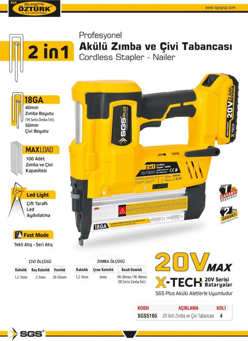 5165 - 20 Volt 4 Amper Akülü Şarjlı Zımba Ve Çivi Çakma Tabanca Makinesı