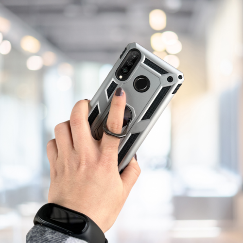 Huawei̇ P30 Li̇te Yüzüklü Standli Tank Kilif (Armor Military Case) Gri̇