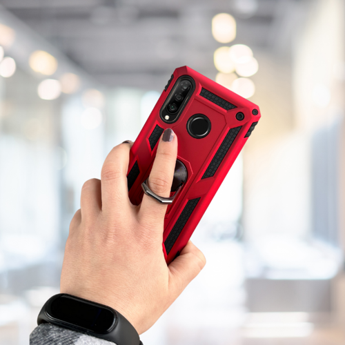 Huawei̇ P30 Li̇te Yüzüklü Standli Tank Kilif (Armor Military Case) Kirmizi