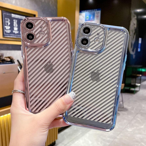 İphone 12 Karbon Fi̇ber Kaplamali Yumuşak Renkli̇ Si̇li̇kon Kilif Rose Gold