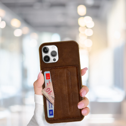 İphone 12 Pro Kartlikli Standli Lüx Deri̇ Kilif Kahverengi̇