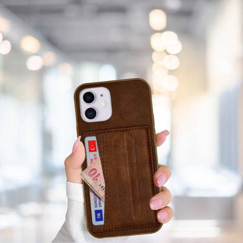 İphone 11 Kartlikli Standli Lüx Deri̇ Kilif Kahverengi̇