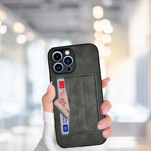 İphone 14 Pro Kartlikli Standli Lüx Deri̇ Kilif Gri̇