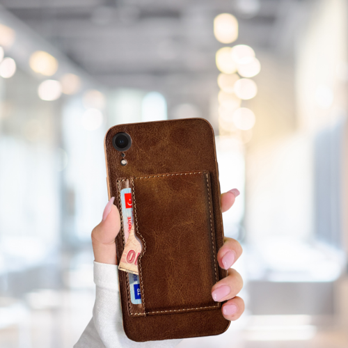 İphone Xr Kartlikli Standli Glase Lüx Deri̇ Kilif Kahverengi̇