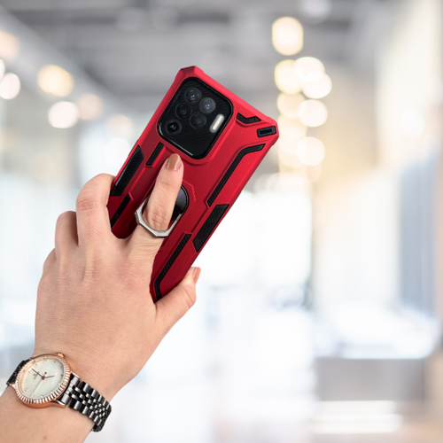 Oppo Reno 5 Li̇te Yüzüklü Standli Tank Kilif (Armor Military Case) Kirmizi