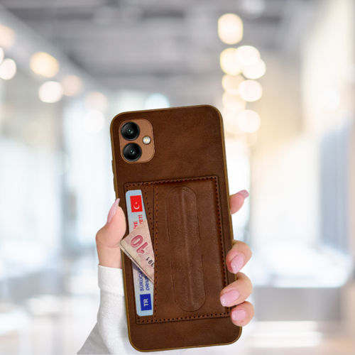Samsung A04 E Kartlikli Standli Lüx Deri̇ Kilif Kahverengi̇