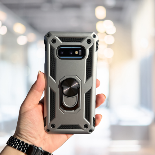 Samsung S10 E Yüzüklü Standli Tank Kilif (Armor Military Case) Gri̇