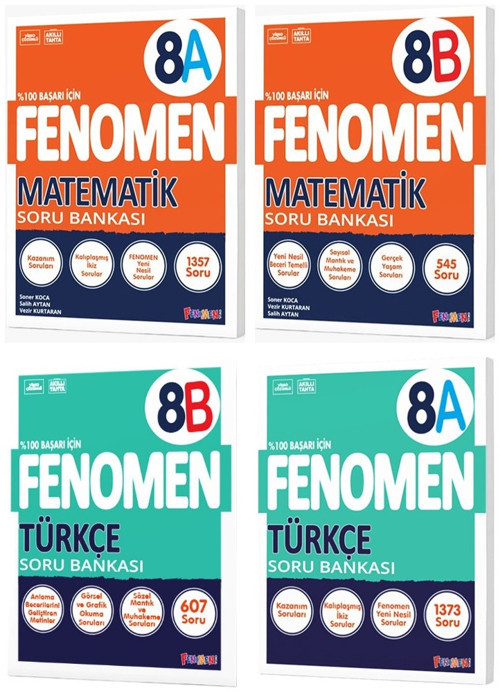 Fenomen Okul 2025 8. Sınıf Matematik + Türkçe A + B Serisi Soru Bankası Seti 4 Kitap