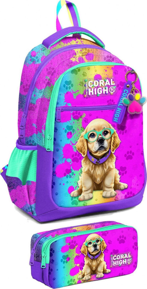 İlkokul Sırt Çantası ve Kalemlik Seti - Kız Çocuk - Mor Pembe Köpek