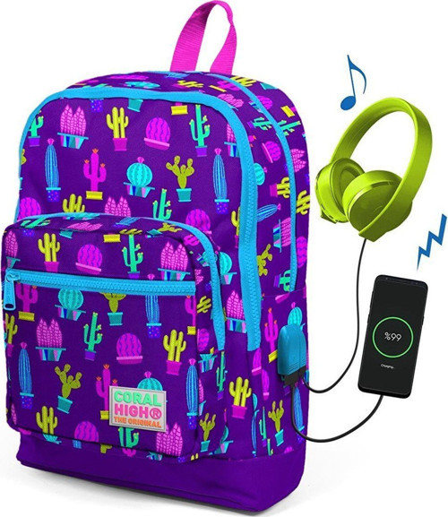 Kids Dört Gözlü Kız Çocuk Kaktüs Desenli İlkokul Çantası - USB+AUX Soketli