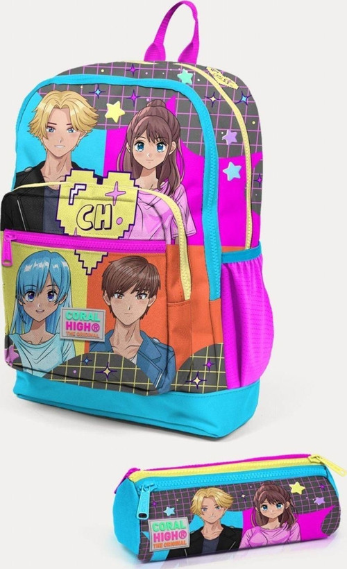 Kids Gri Mavi Pembe Anime Desenli 2'li Okul Çanta Seti - Kız Çocuk