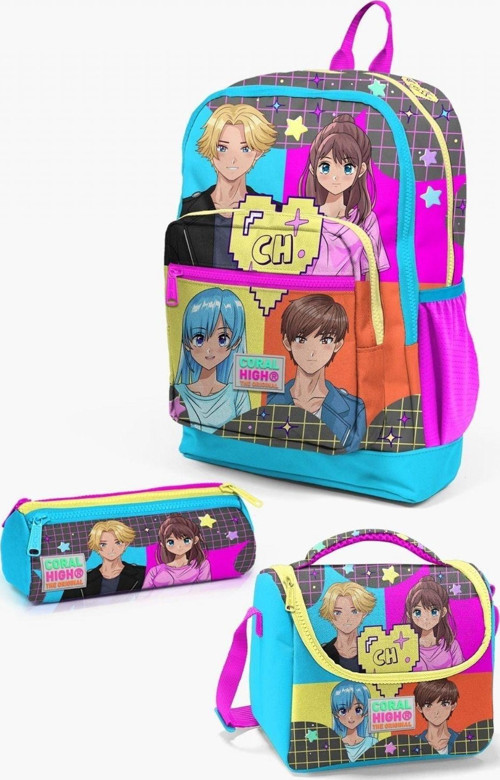 Kids Gri Mavi Pembe Anime Desenli 3’lü Okul Çanta Seti - Kız Çocuk