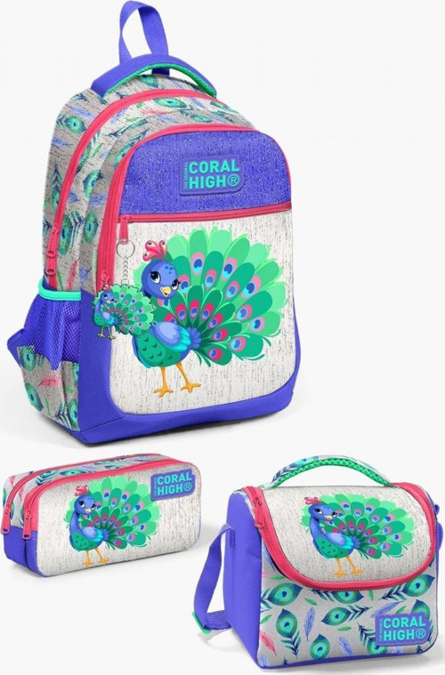 Kids Gümüş Lavanta Tavus Kuşu Desenli 3’lü Okul Çanta Seti - Kız Çocuk