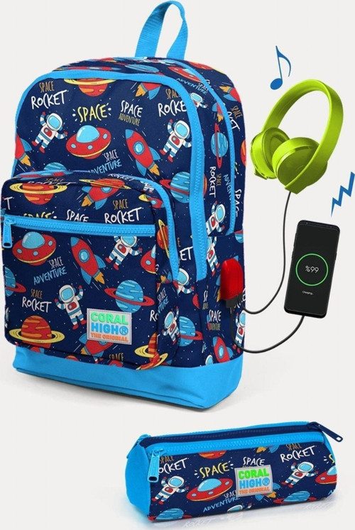 Kids Lacivert Mavi Uzay Desenli USB'li 2'li Okul Çanta Seti - Erkek Çocuk