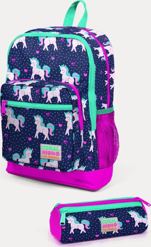 Kids Lacivert Pembe Unicorn Desenli 2'li Okul Çanta Seti - Kız Çocuk