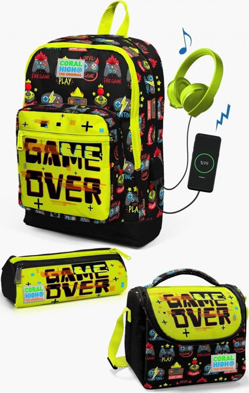 Kids Siyah Neon Sarı Game Over Desenli USB'li 3’lü Okul Çanta Seti - Erkek Çocuk