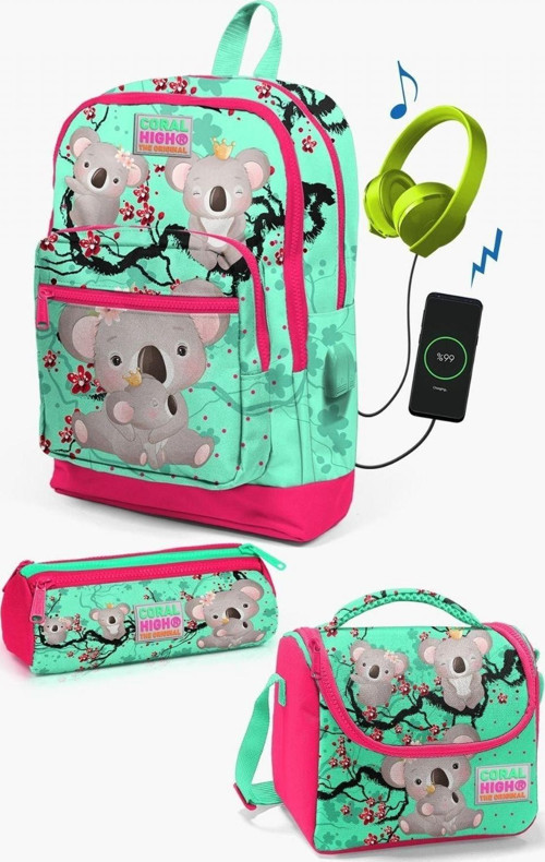 Kids Su Yeşili Neon Mercan Koala Desenli USB'li 3’lü Okul Çanta Seti - Kız Çocuk