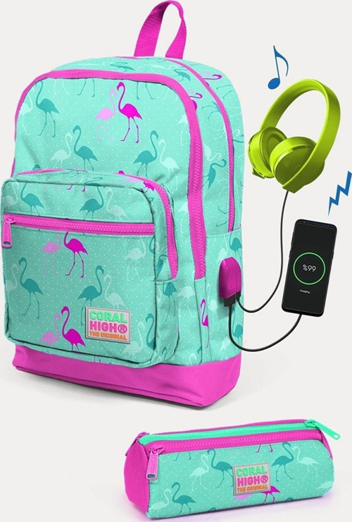 Kids Su Yeşili Neon Pembe Flamingo Desenli USB'li 2'li Okul Çanta Seti - Kız Çocuk