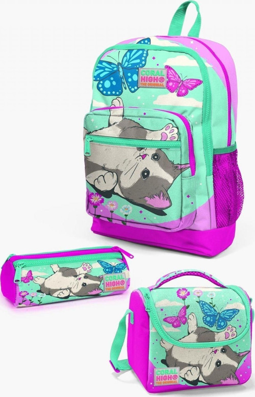 Kids Su Yeşili Pembe Kedi Desenli 3’lü Okul Çanta Seti - Kız Çocuk