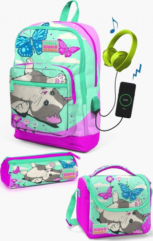 Kids Su Yeşili Pembe Kedi Desenli USB'li 3’lü Okul Çanta Seti - Kız Çocuk
