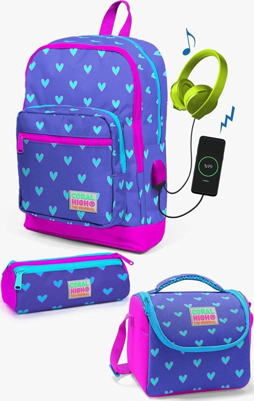 Kids Lavanta Pembe Kalp Desenli USB'li 3’lü Okul Çanta Seti - Kız
