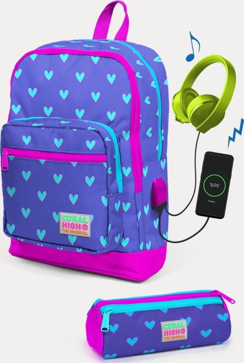 Kids Lavanta Pembe Kalp USB'li 2'li Okul Çanta Seti - Kız Çocuk