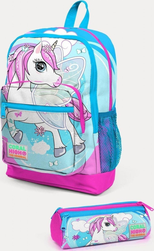 Kids Mavi Neon Pembe Unicorn Desenli 2'li Okul Çanta Seti - Kız Çocuk