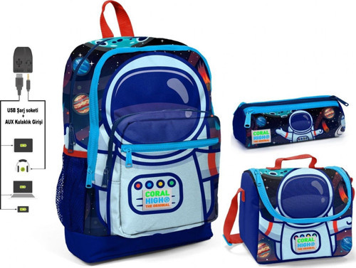 Mavi Astronot Baskılı Erkek Çocuk İlkokul Çanta Seti - USB Çıkışlı
