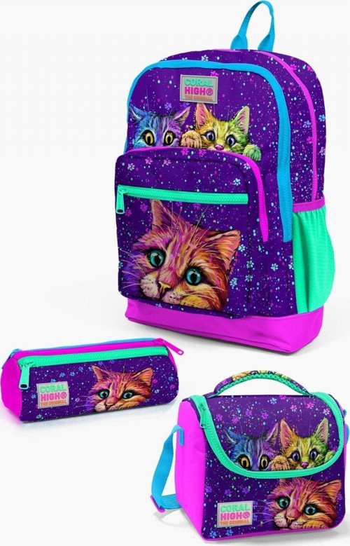 Kids Mor Pembe Kedi Desenli 3’lü Okul Çanta Seti