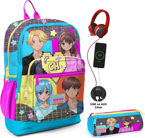 Mavi Pembe Anime USB Soketli Okul Çantası ve Kalemlik Seti - Kız Çocuk