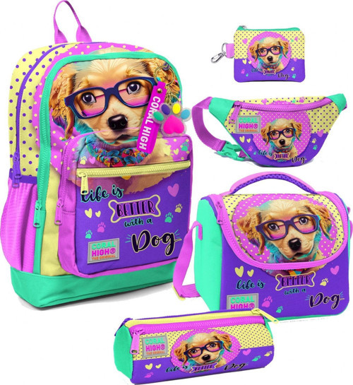 Kız Çocuk Sarı Pembe Sevimli Köpek Desenli Beşli İlkokul Okul Çanta Seti