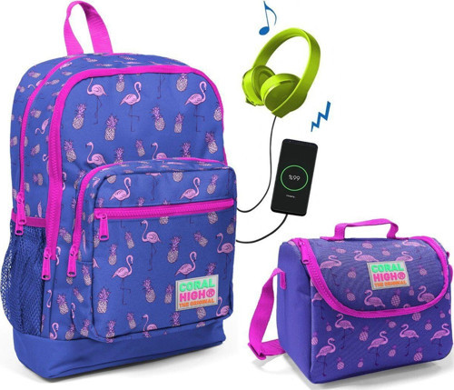 Mor Flamingo Okul Çantası ve Beslenme Çantası Seti - Kız Çocuk - USB Soketli