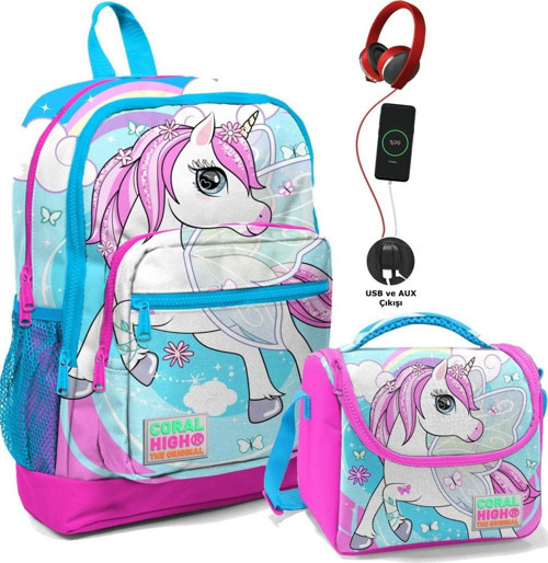 Okul Çantası ve Beslenme Çantası Seti - Kız Çocuk Mavi Unicorn- USB Soketli