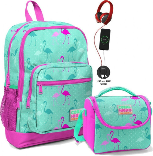Okul Çantası ve Beslenme Çantası Seti - Kız Çocuk Yeşil Flamingo - USB Soketli