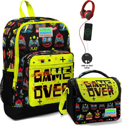 Okul Çantası ve Termal Beslenme Çanta Seti - Kız Çocuk Game Over USB ve AUX Çıkışlı
